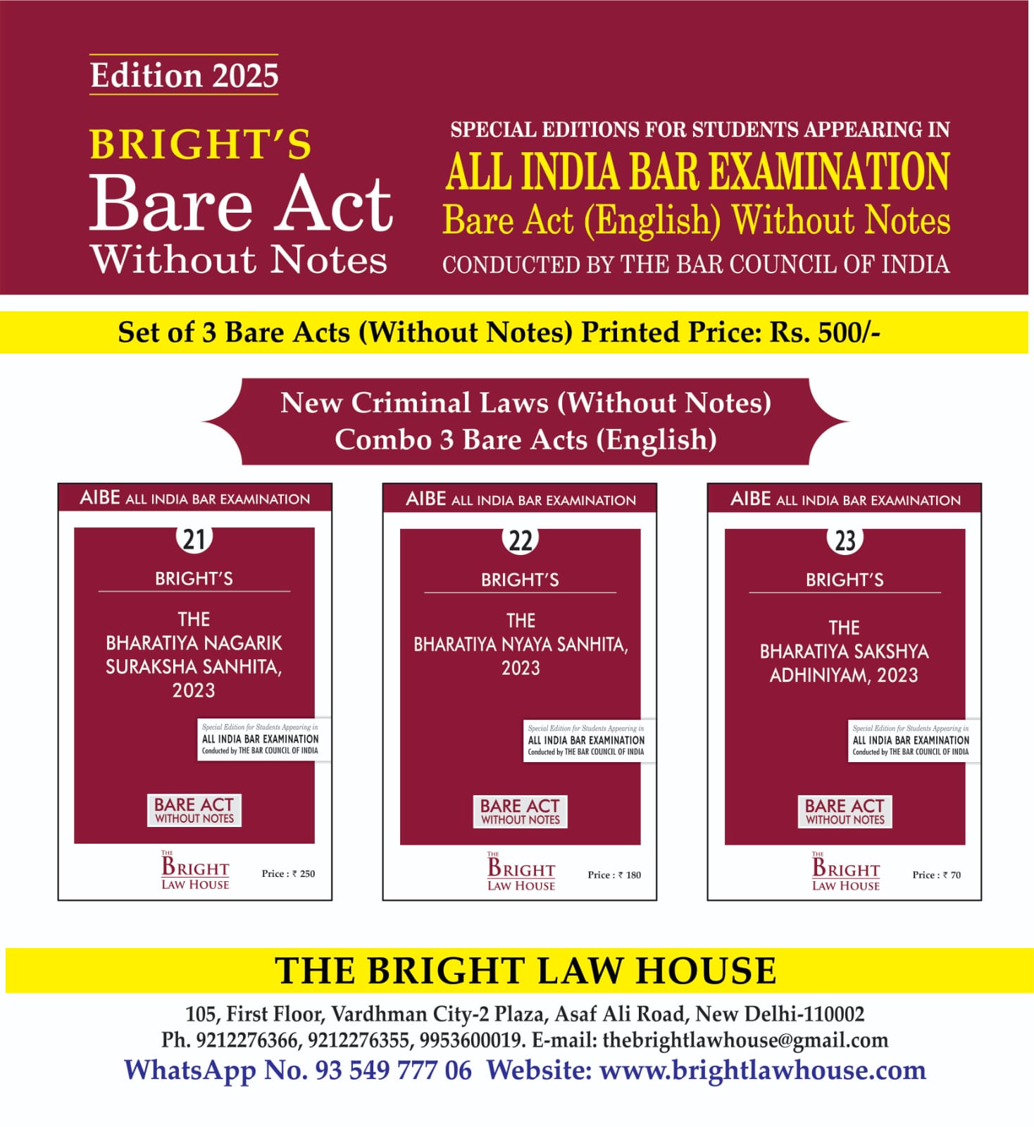 New Criminal Laws For All India Bar Examination Bare Acts Combo Without Notes 2024-25 Edition- As Per Bar Council of India Guidelines Set of 3 Bare Acts (BNS, BNSS, BSA) - LATEST 2024-25 EDITION (English)
